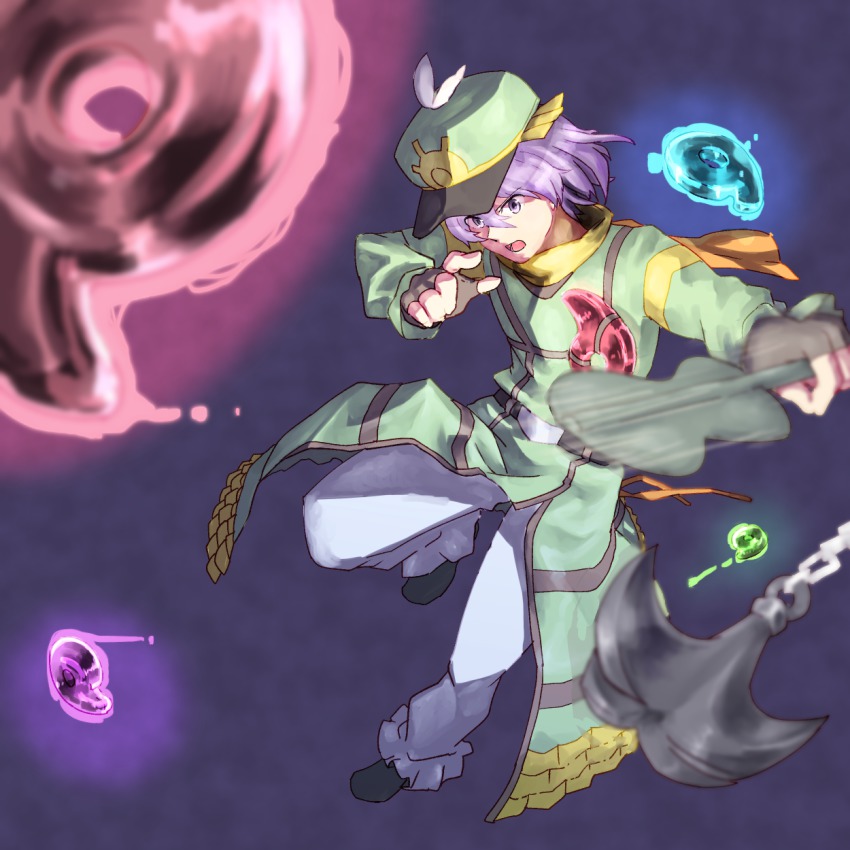 1girl 1tori belt blue_eyes blue_hair danmaku female_focus fingerless_gloves floating gloves hat highres long_coat magatama matching_hair/eyes open_mouth original pants ponytail riverbed_soul_saver scarf short_hair solo takenouchi_no_tarumi touhou