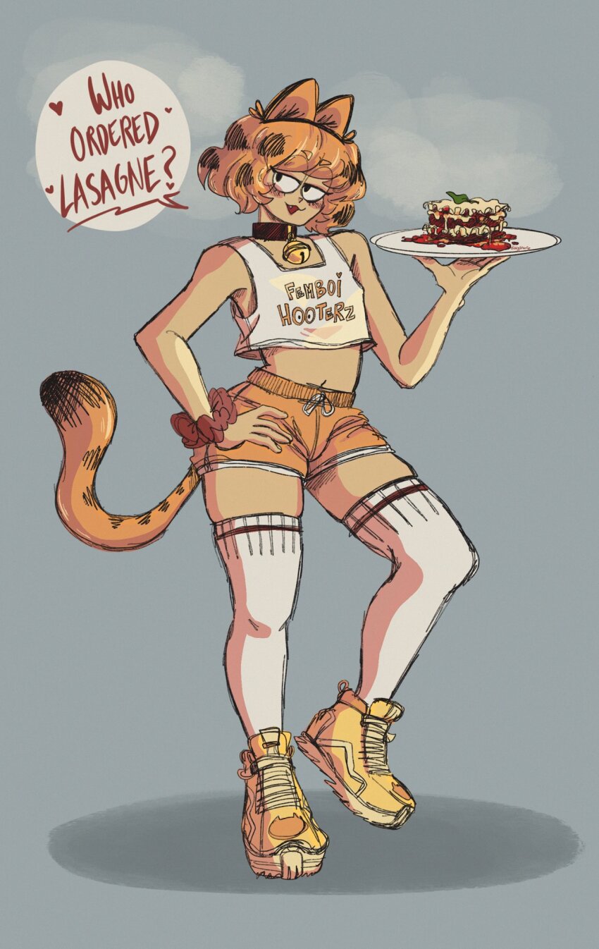 1boy :d animal_ears artist_name bare_arms bare_shoulders bell blush cat_boy cat_ears cat_tail clothes_writing crop_top dizzy_starfie drawstring english_text fang femboy_hooters_(meme) food garfield garfield_(character) grey_background half-closed_eyes hand_on_own_hip hand_up high_tops highres holding holding_plate hooters humanization lasagne looking_at_viewer medium_hair meme midriff multicolored_hair navel neck_bell open_mouth orange_hair orange_shoes orange_shorts plate scrunchie shirt shoes short_hair short_shorts shorts signature simple_background skindentation sleeveless sleeveless_shirt smile sneakers solo speech_bubble standing tail talking tank_top thighhighs trap two-tone_hair white_shirt white_thighhighs wrist_scrunchie