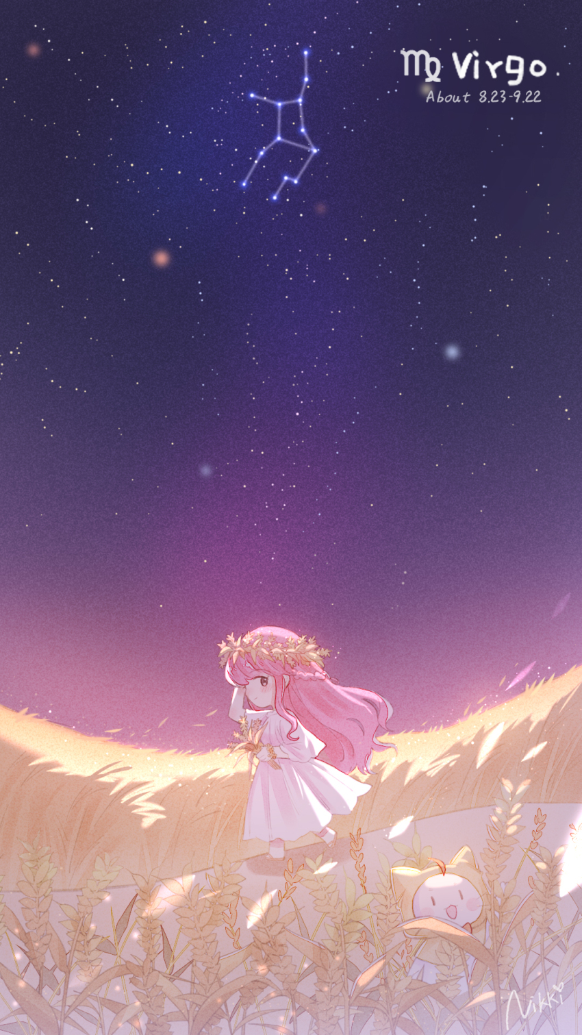 1girl blush bouquet brown_eyes cat character_name commentary copyright_name crescent_moon dated dated_commentary dress english_commentary flower hair_ornament highres holding holding_bouquet leaf_hair_ornament long_hair looking_at_another miracle_nikki momo_(nikki) moon night night_sky nikki_(nikki) nikki_(series) official_art open_mouth pink_hair plant sandals shining_nikki sky smile star_(sky) starry_sky virgo_(constellation) virgo_(symbol) virgo_(zodiac) walking white_dress wind zodiac