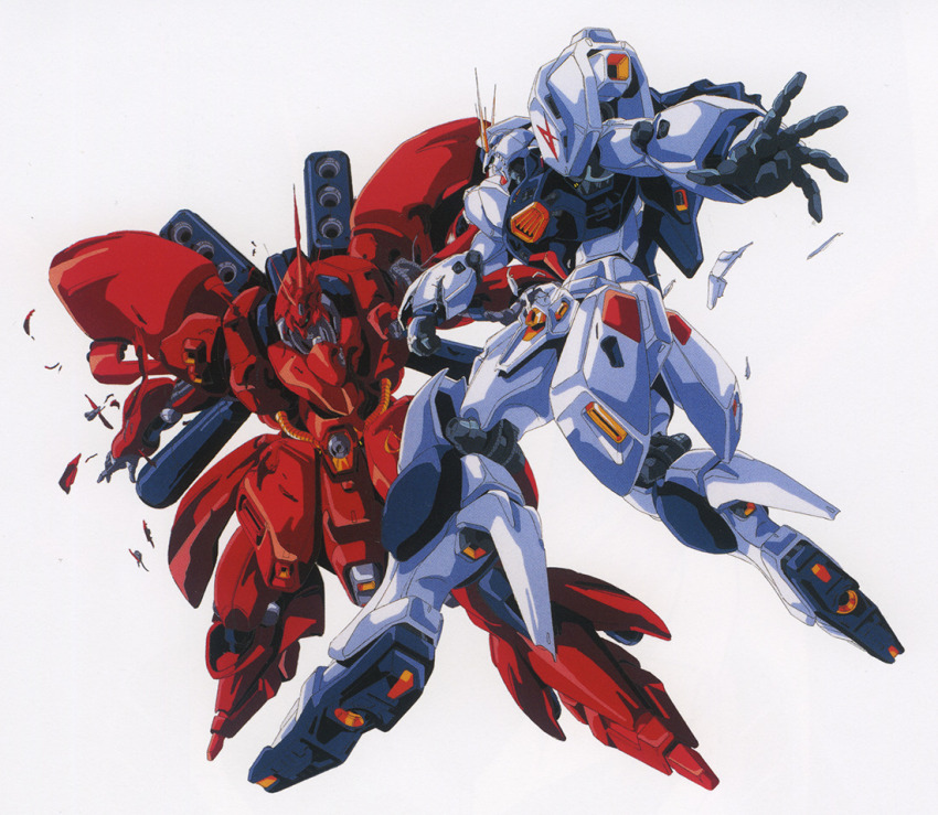 1980s_(style) anaheim_electronics artist_request battle char&#039;s_counterattack debris duel emblem gundam key_visual mecha mobile_suit no_humans nu_gundam official_art oldschool production_art promotional_art retro_artstyle robot roundel sazabi scan traditional_media vernier_thrusters zero_gravity
