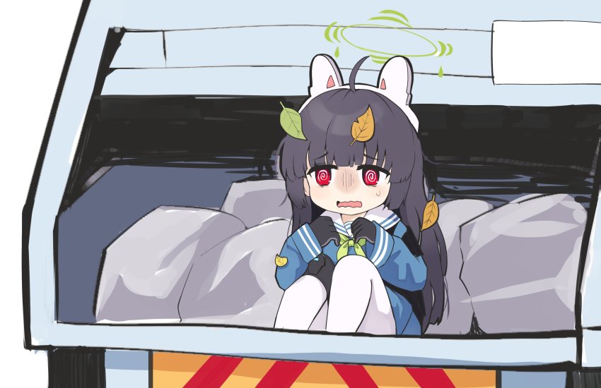 1girl @_@ absurdres animal_ears black_gloves black_hair blue_archive garbage_truck gloves hair_between_eyes halo highres leaf long_hair miyu_(blue_archive) motor_vehicle open_mouth panicking pantyhose rabbit_ears red_eyes school_uniform sitting trash trash_bag truck white_background white_pantyhose yutturi