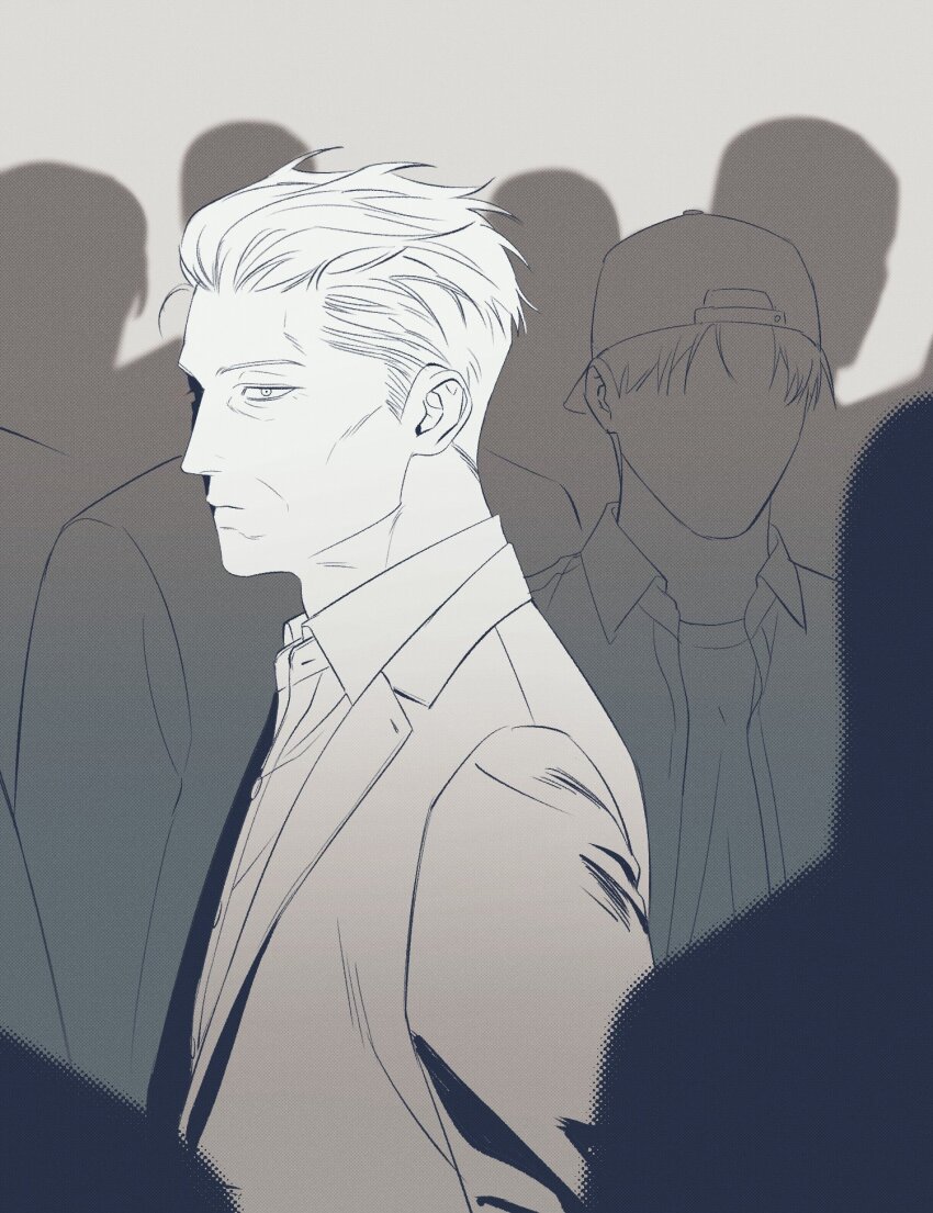 2boys 6+others backwards_hat baseball_cap blazer closed_mouth collared_shirt commentary_request expressionless gin_to_kin greyscale hair_slicked_back hat highres hirai_ginji jacket korean_commentary looking_at_viewer looking_to_the_side male_focus monochrome multiple_boys multiple_others noname_(wildofblue) people shirt short_hair solo_focus upper_body