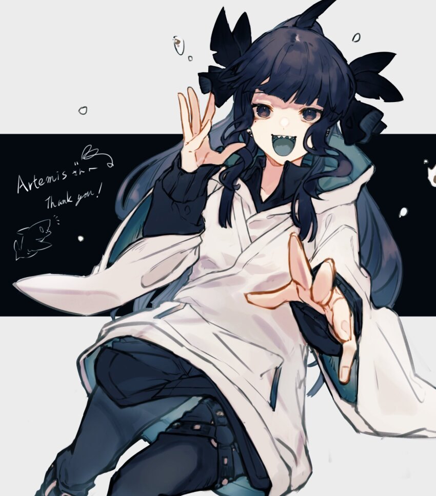 1girl artemis_of_the_blue atelier_live black_eyes black_hair blue_tongue blunt_bangs character_name collared_shirt colored_tongue commentary commission hair_ribbon highres hood hood_down hoodie lack_sikio mole mole_under_eye open_mouth ponytail ribbon shark_fin shark_girl sharp_teeth shirt skeb_commission solo teeth thank_you thigh_strap virtual_youtuber wavy_sidelocks white_hoodie wide_sleeves
