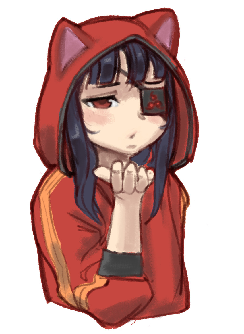 1girl animal_ears blowing_kiss blue_hair blush cat_ears drawfag eyepatch highres hood hoodie looking_at_viewer mirai_(senran_kagura) puckered_lips red_eyes senran_kagura solo