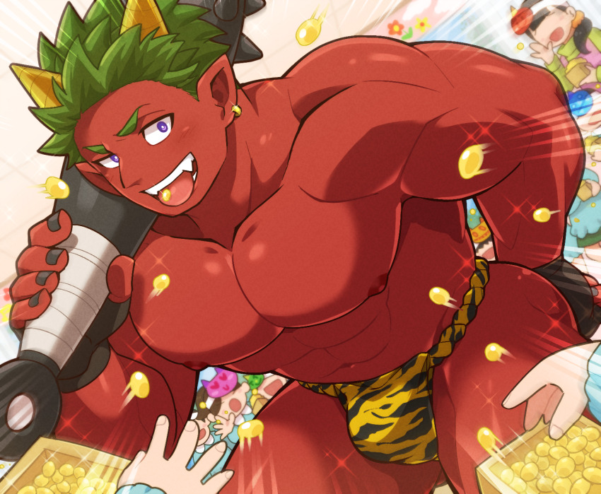 abs animal_print aopanda bara black_gloves black_nails bright_pupils bulge club club_(weapon) collarbone colored_skin cone_horns earrings faceless fang fingerless_gloves fundoshi gloves green_hair highres holding holding_weapon horns japanese_clothes jewelry kanabou kindergarten_uniform large_pectorals male_focus mamemaki masu muscular muscular_male nipples original pectorals pointy_ears purple_eyes red_skin setsubun single_earring soybean tiger_print tongue tongue_out topless_male v-shaped_eyebrows weapon white_pupils yellow_horns