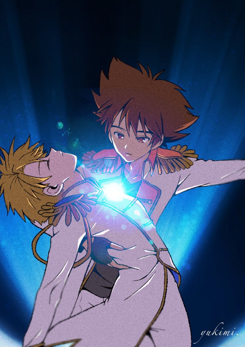 2boys artist_name black_gloves blonde_hair brown_hair closed_mouth coat digimon digimon_adventure closed_eyes fingerless_gloves gloves highres ishida_yamato leaning_back long_sleeves male_focus multiple_boys outstretched_arm red_eyes sekai_wo_kakumei_suru_chikara_wo shoujo_kakumei_utena white_coat yagami_taichi yukimi_(kurumi-no-naruki)