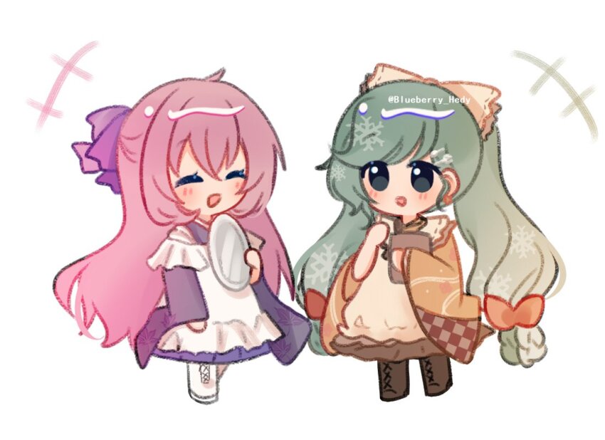 +++ 2girls apron aqua_hair blueberry_hedy boots bow brown_footwear checkered_sleeves chibi clipboard facing_another full_body gradient_hair hair_bow hatsune_miku holding holding_clipboard holding_tray japanese_clothes kappougi kimono lace-up_boots long_hair looking_at_viewer megurine_luka megurine_luka_(san_no_sakura_fuuka) multicolored_hair multiple_girls orange_kimono pink_hair project_diva_(series) purple_bow purple_kimono red_bow senbonzakura_(vocaloid) simple_background smile snowflake_print standing tray twintails twitter_username very_long_hair vocaloid white_apron white_background white_bow white_footwear wide_sleeves yuki_miku yuki_miku_(2024)