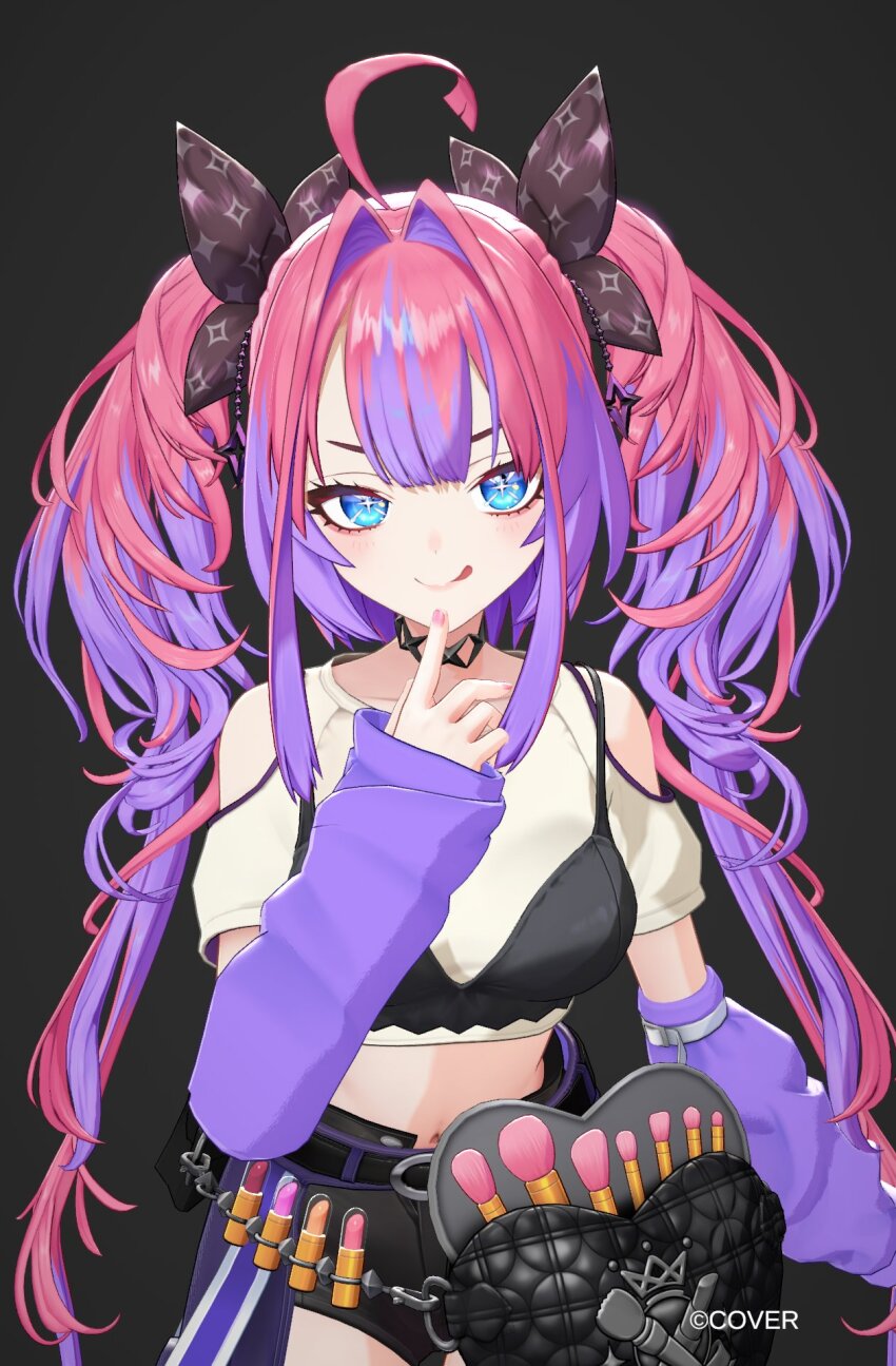 1girl 3d :q ahoge belt black_bra black_ribbon black_shorts blue_eyes bra bra_over_clothes commentary_request cosmetics detached_sleeves finger_to_mouth hair_intakes highres hololive hololive_dev_is kikirara_vivi kikirara_vivi_(1st_costume) lipstick_tube looking_at_viewer makeup_brush midriff multicolored_hair naughty_face navel official_art pink_hair purple_hair purple_sleeves ribbon shirt short_shorts shorts smile solo tatsuki_3d tongue tongue_out twintails two-tone_hair underwear virtual_youtuber white_shirt