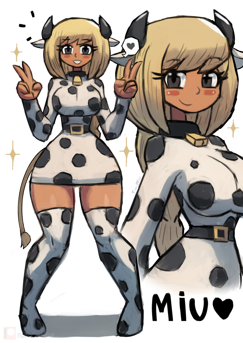 1girl absurdres animal_ears animal_print bell belt black_belt black_eyes blonde_hair blush boots braid breasts collar cow_ears cow_girl cow_horns cow_print cow_tail cowbell dark_skin double_v dress grin heart highres horns large_breasts long_hair long_sleeves looking_at_viewer miu_(tony_welt) multiple_views neck_bell original print_boots print_dress single_braid smile sparkle speech_bubble spoken_heart standing tail teeth thick_thighs thigh_boots thighs tony_welt v white_background white_boots white_dress wide_hips