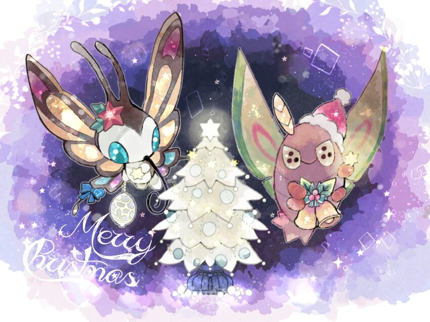animal_focus beautifly bell blue_bow blue_eyes blue_sclera bow bug butterfly butterfly_wings christmas_tree colored_sclera dustox gen_3_pokemon green_wings hat holding holding_mistletoe insect insect_wings looking_at_viewer merry_christmas mistletoe moth moth_wings nintendo no_humans pokemon pokemon_(creature) purple_background santa_hat star_(symbol) sukinadake white_tree wings yellow_eyes