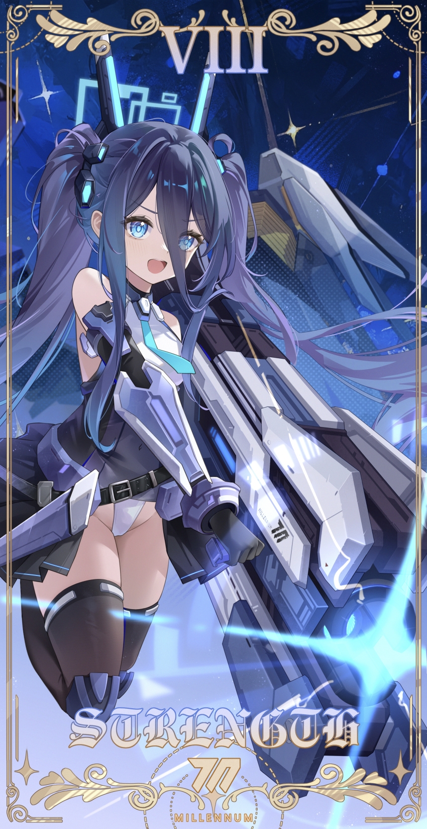 1girl :d absurdly_long_hair absurdres aqua_eyes aqua_halo aqua_necktie aris_(blue_archive) aris_(mecha_suit)_(blue_archive) backless_leotard bare_shoulders belt belt_buckle black_belt black_gloves black_skirt black_thighhighs blue_archive bracer breasts bright_pupils buckle card_(medium) chinese_commentary commentary_request covered_navel double-parted_bangs elbow_gloves eyelashes eyes_visible_through_hair floating floating_hair floating_neckwear full_body gloves groin gun hair_behind_ear hair_between_eyes halo highleg highleg_leotard highres holding holding_gun holding_weapon huge_weapon knee_pads legs_up lens_flare leotard long_bangs long_hair long_hair_between_eyes long_sidelocks looking_at_viewer mecha_musume mechanical_wings millennium_science_school_logo mixed-language_commentary multicolored_leotard necktie official_alternate_costume official_alternate_hairstyle open_mouth outstretched_arm pleated_skirt purple_hair railgun rectangular_halo ringed_eyes roman_numeral sidelocks skirt small_breasts smile solo sparkle tarot tarot_(medium) teeth thighhighs thighs twintails upper_teeth_only v-shaped_eyebrows very_long_hair weapon white_leotard wings yangyu_tudou_vv