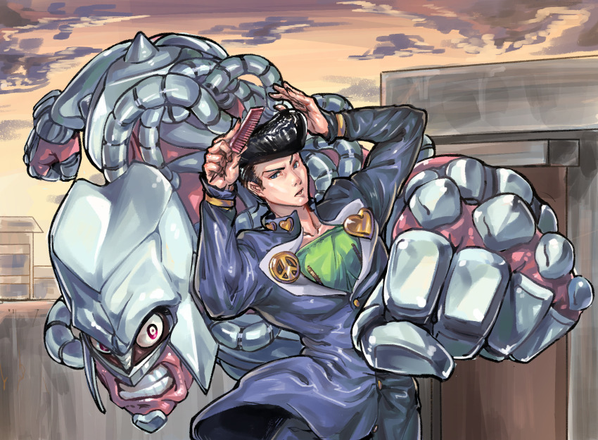 1boy black_hair blue_eyes brushing_hair clenched_hand clenched_teeth comb commentary constricted_pupils cowboy_shot crazy_diamond diamond_wa_kudakenai english_commentary floating_clothes foreshortening gakuran heart higashikata_josuke highres hold111 holding holding_comb incoming_attack incoming_punch jojo_no_kimyou_na_bouken long_sleeves looking_at_viewer male_focus outdoors peace_symbol pompadour punching school_uniform stand_(jojo) standing teeth