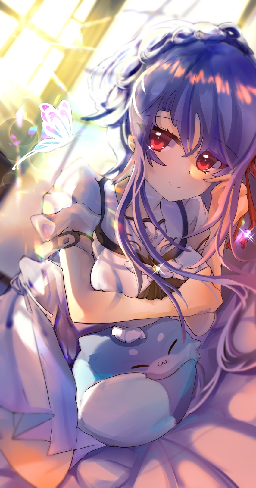 1girl absurdres bed_sheet blue_hair braid bug butterfly closed_mouth crown_braid dress hair_ribbon highres inari_(summer_pockets) indoors insect long_hair looking_at_viewer lying on_side red_eyes red_ribbon ribbon short_sleeves smile sorakado_ao summer_pockets takedan white_dress