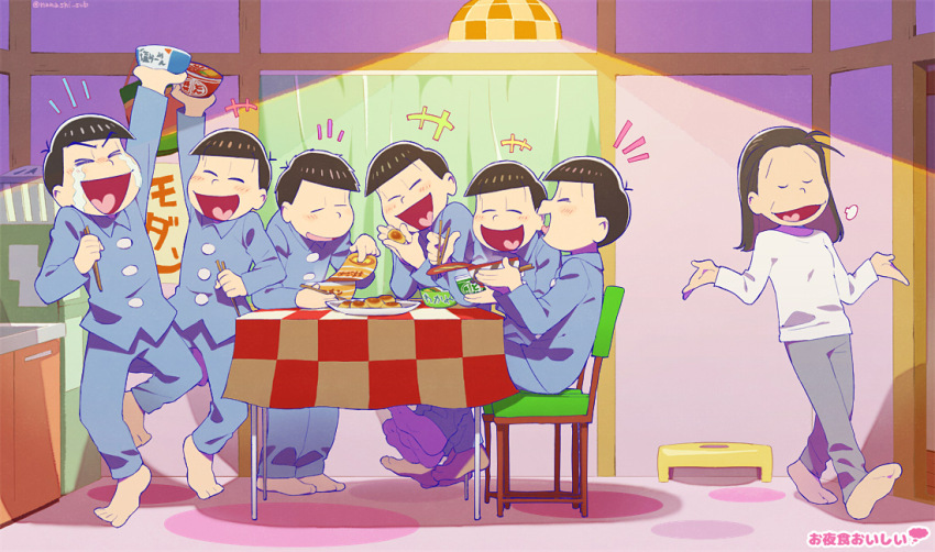 +++ 1girl 6+boys alternate_costume arm_up barefoot brothers celebration chair chopsticks cup_ramen donbee_(food) donbei_kitsune_udon donbei_tempura_soba egg hair_down happy happy_tears hardboiled_egg holding holding_chopsticks instant_ramen kitchen matsuno_choromatsu matsuno_ichimatsu matsuno_jyushimatsu matsuno_karamatsu matsuno_matsuyo matsuno_osomatsu matsuno_todomatsu mother_and_son multiple_boys nissin_donbei notice_lines osomatsu-san osomatsu_(series) pajamas puff_of_air sextuplets show_chiku-by shrugging siblings sitting smile table tears unworn_eyewear