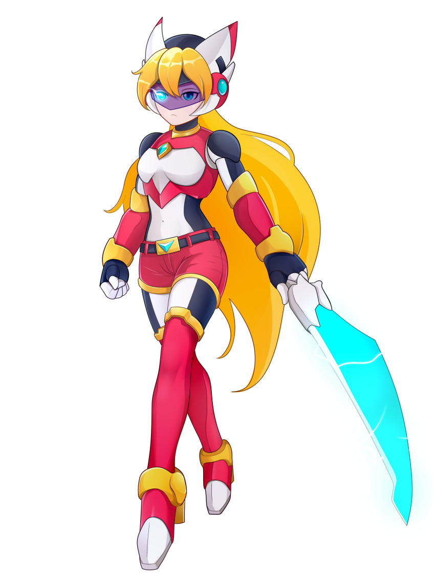 1girl absurdres alternate_costume alternate_hairstyle armor energy_sword belt blonde_hair blue_eyes bodystocking boots breasts chest_jewel ciel_(mega_man) commission commissioner_upload elbow_gloves energy_sword forehead_protector full_body gloves glowing glowing_eye helmet highres holding holding_weapon long_hair looking_at_viewer mechanical_ears mega_man_(series) mega_man_zero_(series) mega_man_zx model_z_(mega_man) non-web_source shorts small_breasts sword thigh_boots transparent_background uta_guipiy weapon