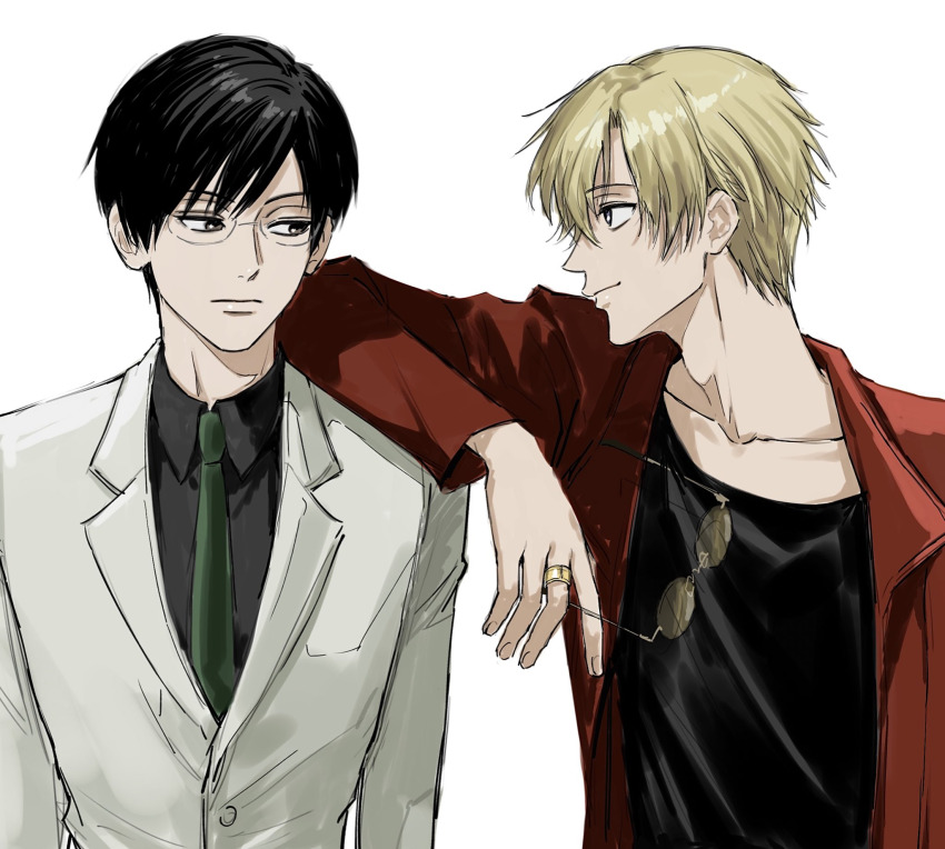 2boys black_eyes black_hair blonde_hair formal_clothes jacket jewelry looking_at_another male_focus multiple_boys necktie ootori_kyouya ouran_high_school_host_club purple_eyes ring short_hair sso_s suit_jacket sunglasses suou_tamaki white_background