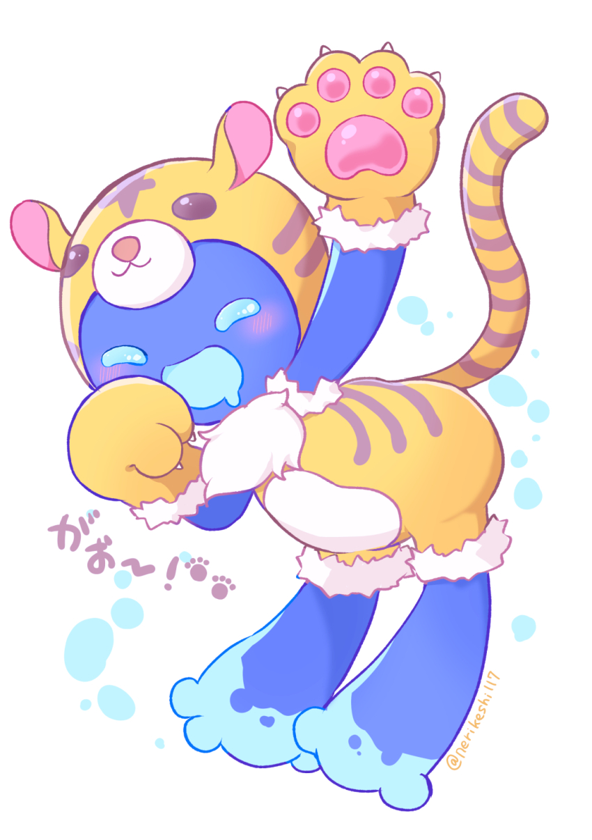 1boy animal_costume animal_hands animal_print blue_eyes blush drooling ecolo_(puyopuyo) full_body gloves highres male_focus mouth_drool orange_romper paw_gloves puyopuyo puyopuyo_quest romper shinonome_pinano simple_background solo tiger_costume tiger_print twitter_username waving white_background