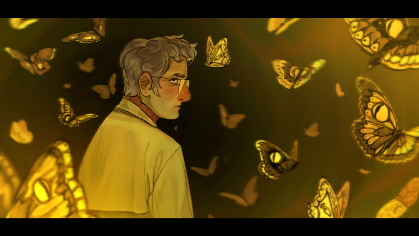 1boy black_eyes bug butterfly glasses gravity_falls grey_hair highres insect jacket looking_at_animal male_focus monarch_butterfly profile short_hair stafsar ford_pines sweater too_many too_many_butterflies turtleneck turtleneck_sweater upper_body white_jacket yellow_theme