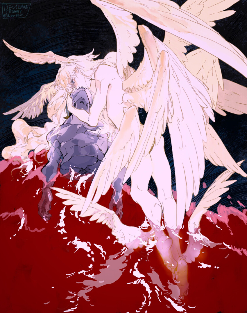 2boys absurdres ambiguous_red_liquid angel_wings ankle_wings artist_name bisected black_background blonde_hair blue_eyes completely_nude copyright_name crying crying_with_eyes_open dated death devilman devilman_(character) devilman_crybaby full_body head_wings highres kiss low_wings lying male_focus male_with_male multiple_boys multiple_wings nude ocean on_back pale_skin satan_(devilman) spoilers tears tixili wings yaoi