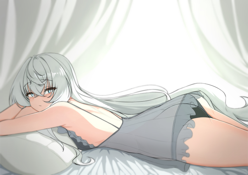 1girl :/ absurdres alternate_costume arm_rest ass babydoll back bed_sheet black_panties bosseon butt_crack commentary counter:side crossed_bangs curtains from_side hair_between_eyes highres horizon_(counter:side) long_hair looking_at_viewer looking_back lying on_stomach panties pillow raised_eyebrows see-through_babydoll see-through_clothes solo underwear very_long_hair white_hair