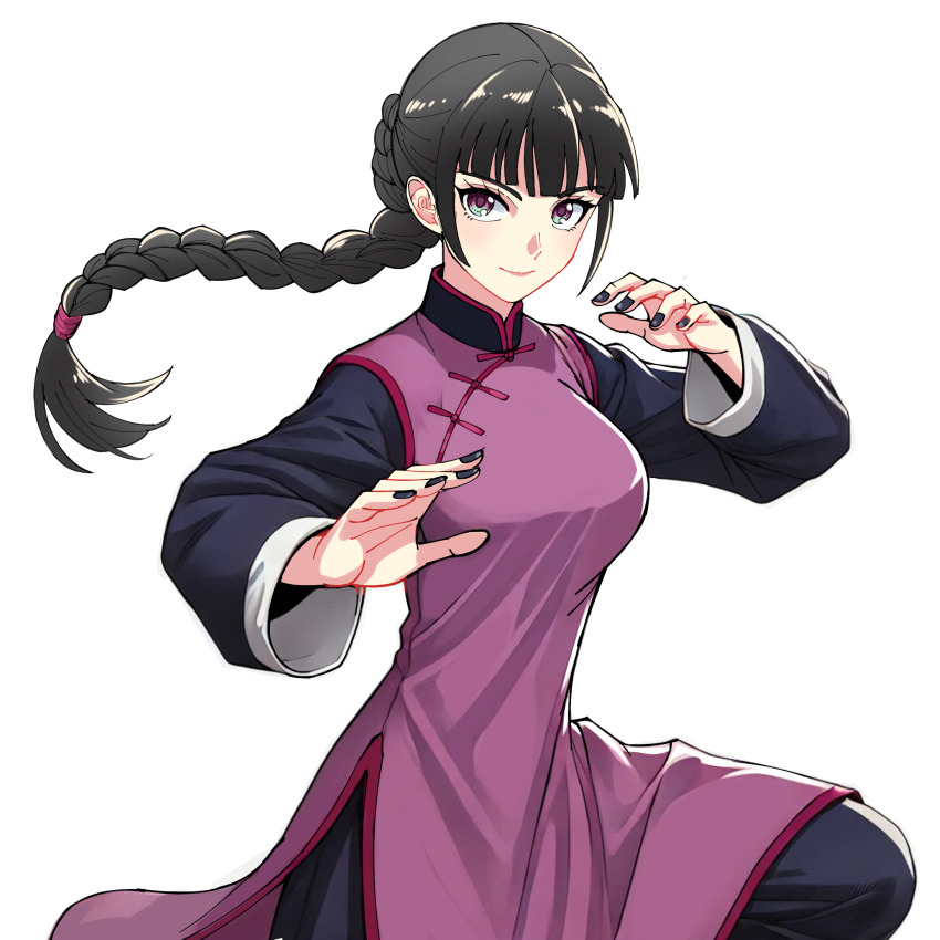 1girl absurdres black_hair changpao china_dress chinese_clothes dress fighting fighting_stance highres kokoro_no_koibito kung_fu long_hair long_sleeves martial_arts monk original purple_dress self-upload shaolin_monk tangzhuang training