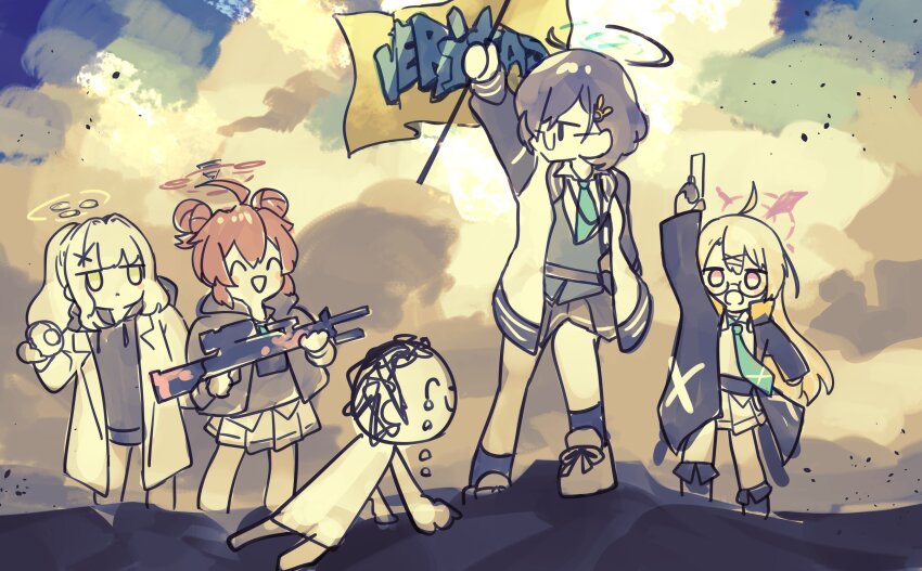 1boy 4girls ^_^ absurdres ahoge arm_up black_footwear black_hair black_skirt black_socks blonde_hair blue_archive boots chihiro_(blue_archive) closed_eyes cloud collared_shirt damao_(kiwa777) doodle_sensei_(blue_archive) double_bun dust fine_art_parody flag glasses grey_hair gun hair_bun hair_ornament hairclip halo hare_(blue_archive) highres holding holding_flag holding_gun holding_weapon hood hooded_jacket hoodie jacket jitome kotama_(blue_archive) lab_coat liberty_leading_the_people light_machine_gun long_hair long_sleeves machine_gun maki_(blue_archive) miniskirt multiple_girls necktie open_clothes open_jacket open_mouth outdoors parody pink_eyes ponytail semi-rimless_eyewear sensei_(blue_archive) shirt shoes short_hair skirt smile socks tears weapon white_shirt white_skirt yellow_eyes