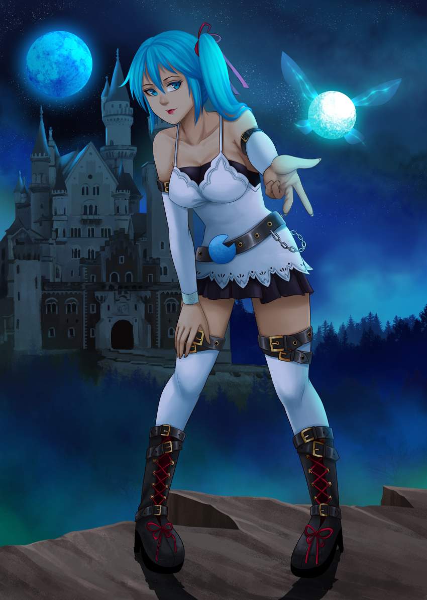 absurdres belt black_boots blue_eyes blue_hair boots breasts bug castle cleavage dress fairy firefly heihei_li highres insect kneehighs moon neuschwanstein_castle roland-gin socks solo white_dress