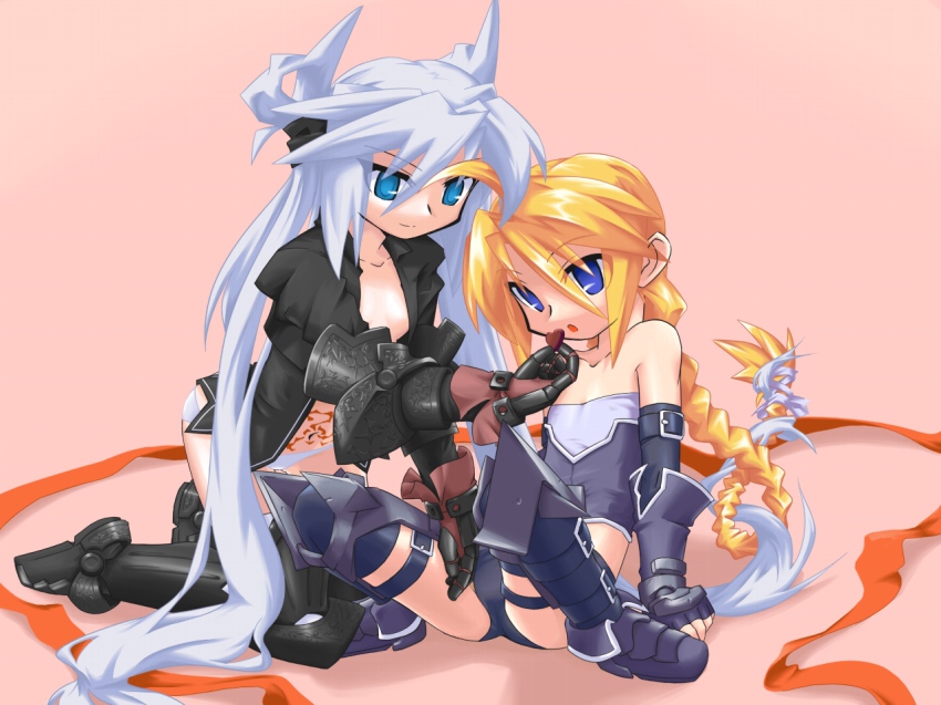 2girls armor boots borrowed_character braid chocolate flat_chest girl_with_a_blonde_braid_(tomoshibi_hidekazu) mof mof&#039;s_silver_haired_twintailed_girl multiple_girls original panties redrantem&#039;s_orange_haired_girl underwear