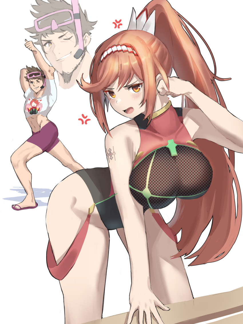 1boy 1girl absurdres anger_vein arm_tattoo beard bent_over black_one-piece_swimsuit breasts brown_hair character_print chest_jewel cosplay cowboy_shot facial_hair father_and_daughter flexing flip-flops glimmer_(xenoblade) hairband highres large_breasts long_hair male_swimwear medaman one-piece_swimsuit ponytail pyra_(pro_swimmer)_(xenoblade) pyra_(xenoblade) pyra_(xenoblade)_(cosplay) rex_(xenoblade) sandals sidelocks snorkel swept_bangs swim_trunks swimsuit tattoo tora_(best_girl_fan)_(xenoblade_2) tora_(xenoblade_2) tora_(xenoblade_2)_(cosplay) two-tone_hairband very_long_hair xenoblade_chronicles_(series) xenoblade_chronicles_3 xenoblade_chronicles_3:_future_redeemed