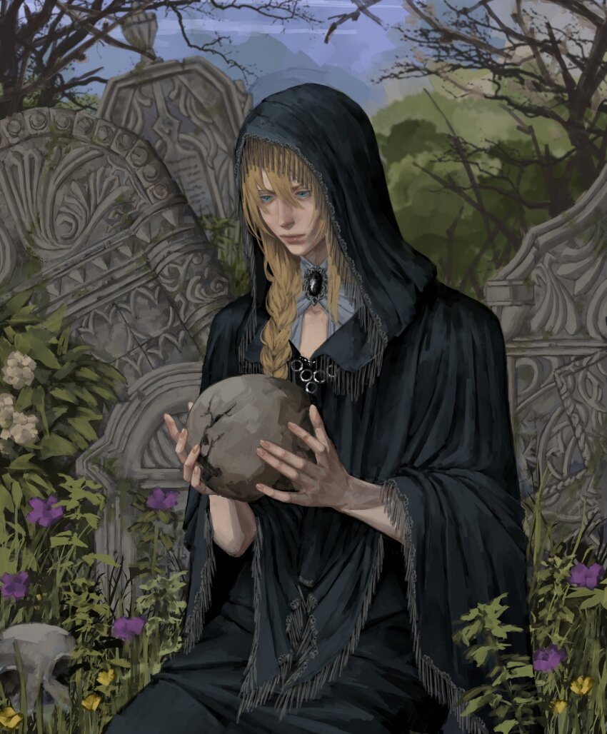 1girl black_robe blonde_hair braid cloak elden_ring fia_the_deathbed_companion gem hair_between_eyes highres holding hood hooded_cloak long_hair outdoors plant robe solo tombstone tree zevranstits