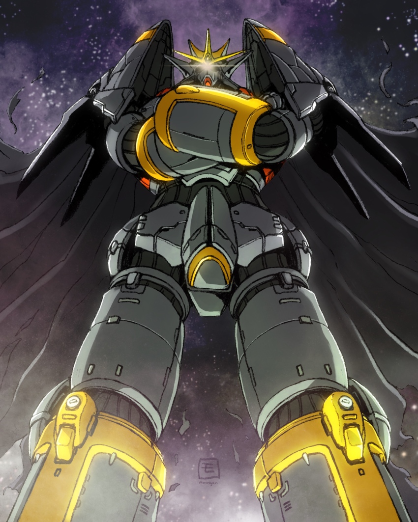 absurdres artist_logo black_cape cape commentary_request crossed_arms feet_out_of_frame from_below glowing glowing_eye gunbuster gunbuster_pose highres logo looking_at_viewer mecha mecha_focus moyan nebula no_humans one-eyed robot science_fiction space standing star_(sky) super_robot top_wo_nerae! top_wo_nerae!_(series) twitter_username yellow_eyes