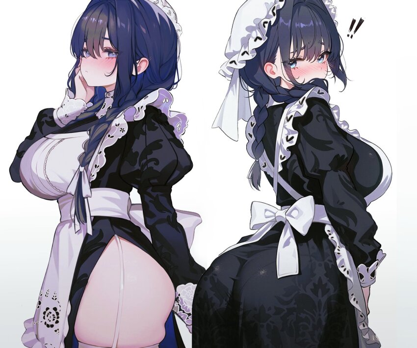 ! !! 1girl apron ass black_dress blue_eyes blue_hair blush braid breasts commentary dress ear_blush embroidery english_commentary frilled_apron frilled_hat frills garter_straps hair_intakes hair_over_shoulder hand_up hat hololive hololive_english juliet_sleeves koahri large_breasts long_dress long_hair long_sleeves looking_at_viewer looking_back low_twin_braids maid maid_apron mob_cap official_alternate_costume official_alternate_hairstyle ouro_kronii ouro_kronii_(maid) pantylines puffy_sleeves puritan_collar side_slit simple_background solo thick_thighs thighhighs thighs twin_braids victorian_maid virtual_youtuber white_apron white_background white_hat white_straps white_thighhighs