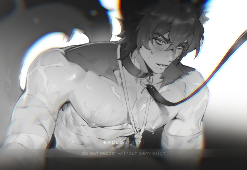 1boy animal_ear_fluff animal_ears bandaged_arm bandaged_torso bandages belt_collar black_background black_hair blurry blurry_background blush body_fur collar commentary dog_boy dog_ears dog_tail drooling gradient_background greyscale hair_between_eyes jewelry komano_manato leash male_focus monochrome multicolored_hair multiple_scars muscular muscular_male necklace nipples open_mouth pectorals pinfuyu scar scar_across_eye scar_on_chest scar_on_face scar_on_shoulder short_hair solo sweat tail twitter_username upper_body v-shaped_eyebrows white_background zenless_zone_zero