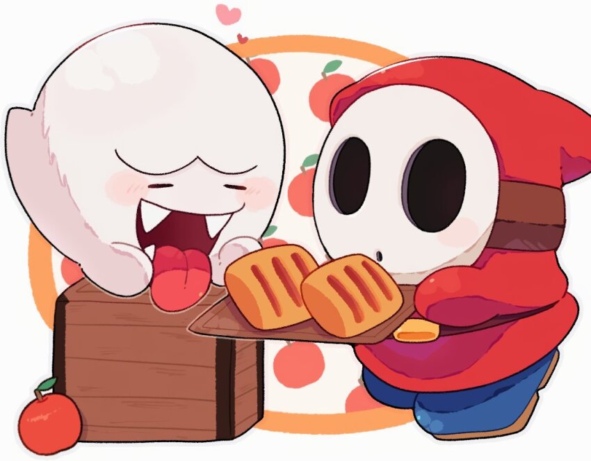 1boy apple blue_boots blush_stickers boo_(mario) boots closed_eyes crate fangs food fruit ghost holding holding_tray male_focus mario_(series) mofupoyo nintendo open_mouth red_robe robe shy_guy tongue tongue_out tray white_mask