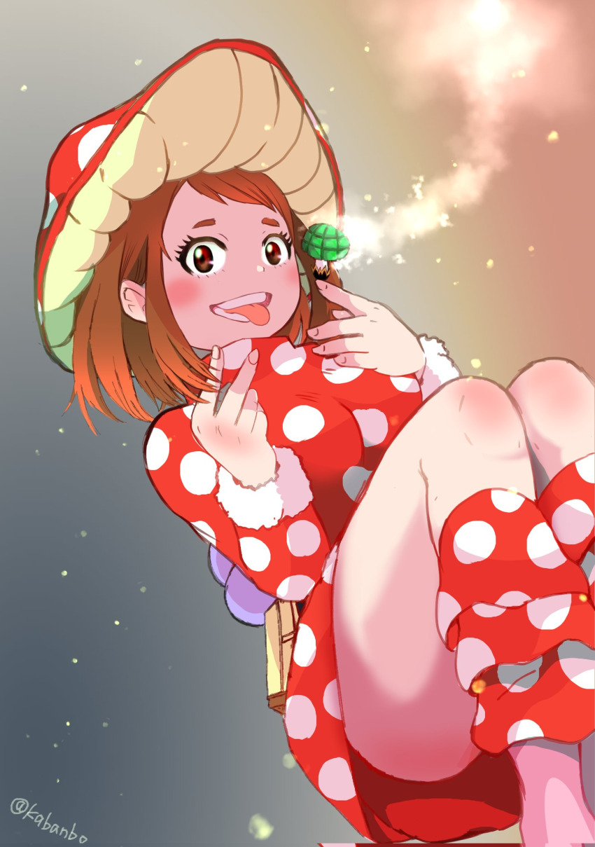 1girl boku_no_hero_academia breasts brown_eyes brown_hair cosplay dimples dress female_focus highres kabanbo komori_kinoko komori_kinoko_(cosplay) medium_breasts medium_hair mushroom_hat red_dress skirt solo superhero_costume tongue tongue_out uraraka_ochako v