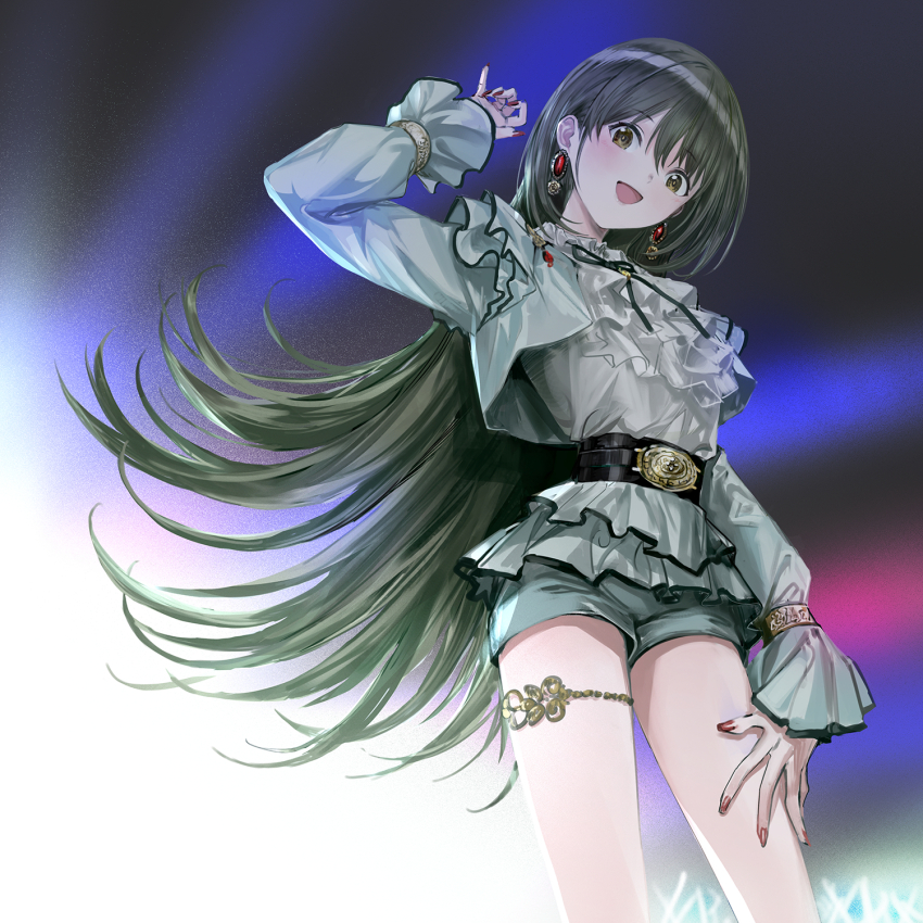 1girl aqua_jacket aqua_shorts blush chinese_commentary commentary_request cropped_jacket fingernails glowstick green_eyes green_hair highres idol idolmaster idolmaster_shiny_colors infukun jacket jewelry long_hair long_sleeves looking_at_viewer nail_polish nanakusa_nichika narrow_waist shorts smile solo straight_hair thighlet very_long_hair