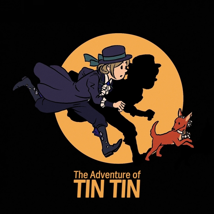 1girl :o animalization ascot black_background black_boots black_pants blue_bow boater_hat boots bow coat dog full_body grey_hair hair_bun hat hat_bow heqiao herge_(style) highres pants parody profile purple_coat purple_hat reverse:1999 running shadow short_hair single_side_bun solo sonetto_(reverse:1999) style_parody tintin vertin_(reverse:1999) white_ascot