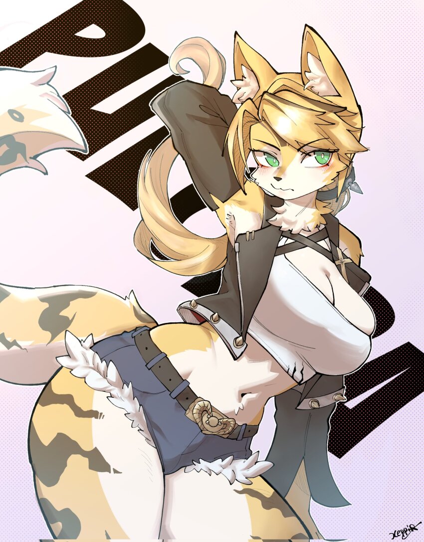 1girl animal_ear_fluff animal_ears arm_behind_back arm_up belt ben-day_dots black_belt black_jacket black_sleeves blue_shorts blush body_fur breasts cat_ears cat_girl cat_tail character_name cleavage closed_mouth cropped_jacket cropped_shirt furry furry_female green_eyes highres jacket large_breasts long_hair looking_at_viewer navel parted_bangs ponytail pulchra_fellini screentones shirt short_shorts shorts signature solo tail white_shirt xeppir yellow_fur zenless_zone_zero