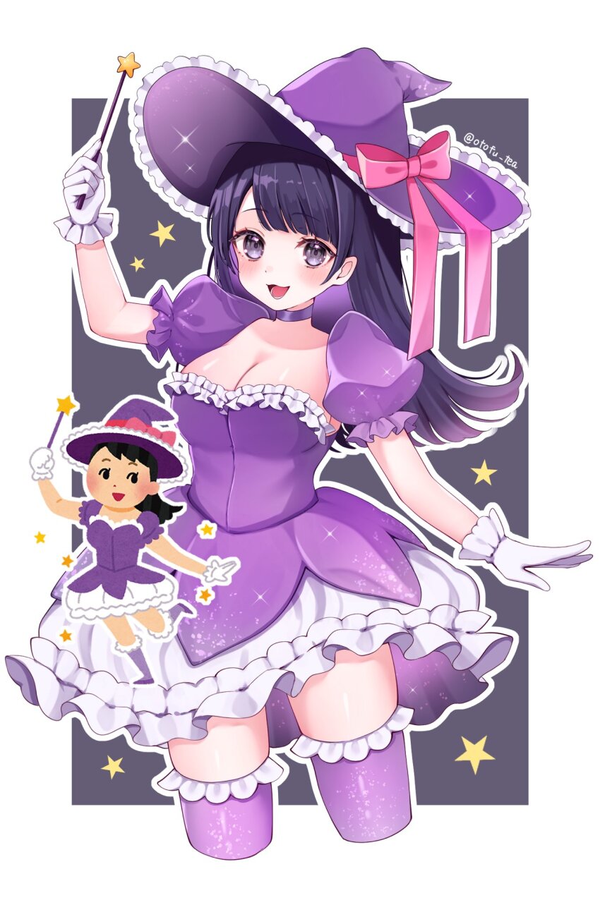 1girl black_choker black_hair blue_eyes blush bow breasts choker cleavage cropped_legs detached_sleeves frilled_skirt frills gloves hat hat_bow highres holding holding_wand irasutoya irasutoya_challenge long_hair looking_at_viewer lower_teeth_only open_mouth otoufu_tea puffy_short_sleeves puffy_sleeves reference_inset short_sleeves skirt star_(symbol) teeth twitter_username wand white_gloves witch_hat