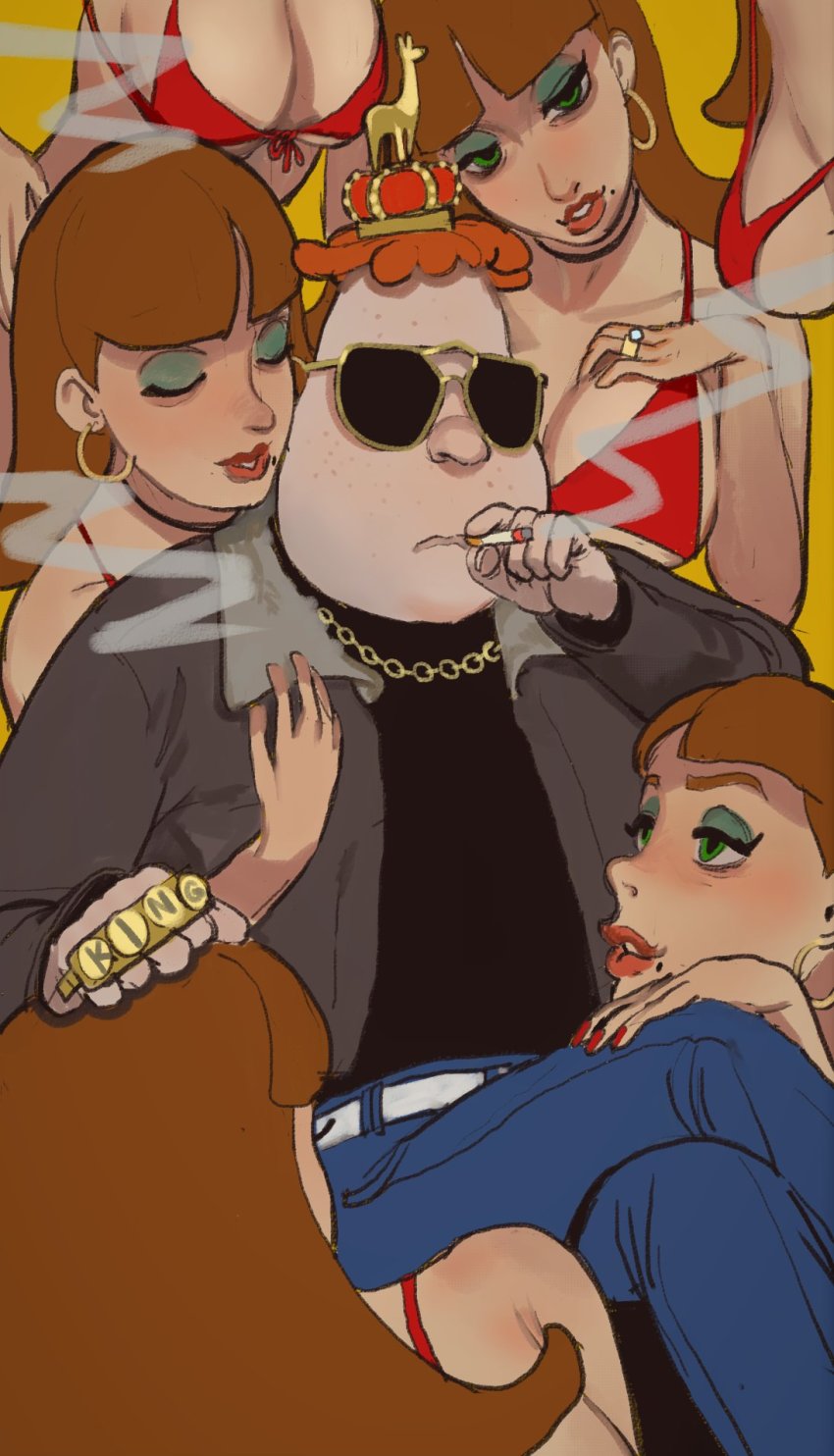 1boy 6+girls aged_up bikini black_choker blunt_bangs breasts brown_hair carl_wheezer chain choker cigarette cleavage clone crossed_legs crown denim earrings english_text eyeshadow fat fat_man feet_out_of_frame freckles front-tie_bikini_top front-tie_top gold_chain green_eyes green_eyeshadow hand_on_own_chest harem highres hoop_earrings jeans jewelry jimmy_neutron_(series) judith_neutron judy_neutron lips llama long_hair makeup male_focus mature_female medium_breasts mini_crown mole mole_under_mouth mossacannibalis multiple_girls nail_polish orange_background orange_hair pants parted_lips pimp red_bikini red_nails ring short_hair simple_background sitting smoke smoking strap_gap sunglasses swimsuit underboob yellow_background