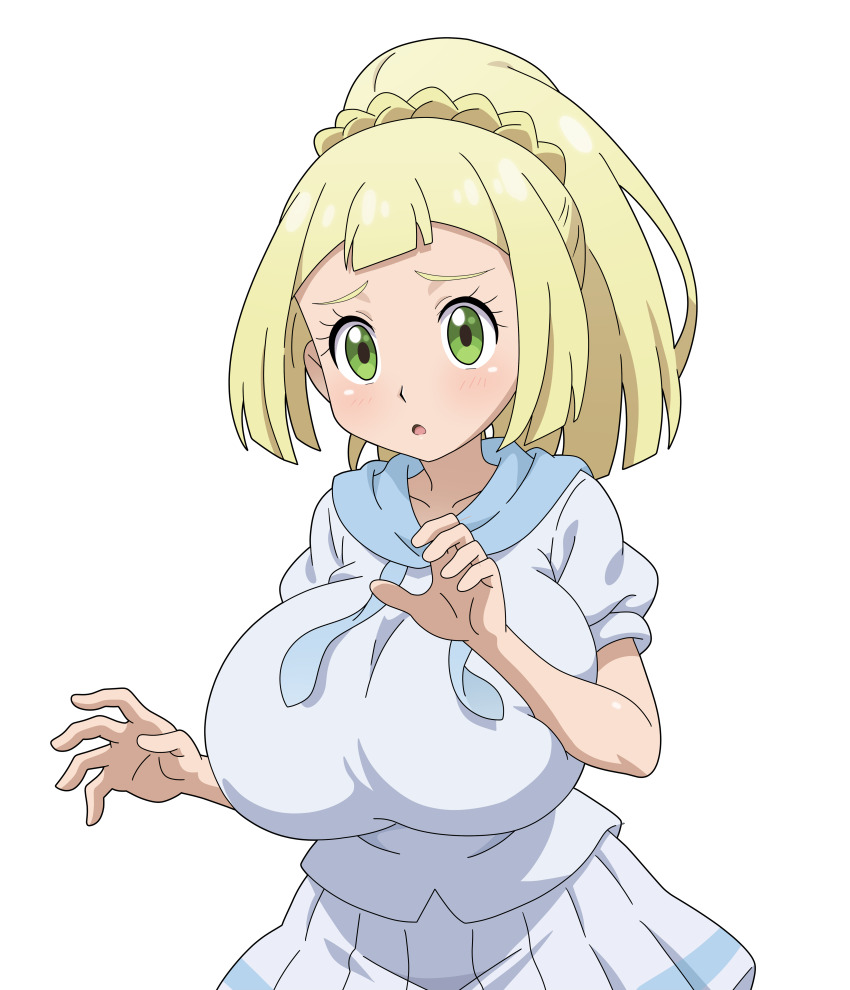 absurdres alternate_breast_size blonde_hair breasts green_eyes highres hitokiwa_kenchin large_breasts lillie_(pokemon) nintendo pokemon pokemon_sm simple_background solo white_background