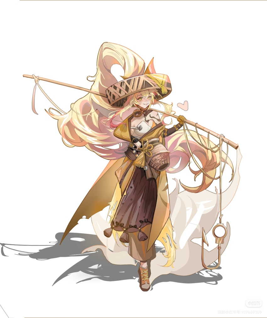 1girl absurdly_long_hair absurdres animal_ears arm_out_of_sleeve arm_tattoo blonde_hair bra breasts brown_pants cleavage ears_through_headwear fish_hook fishing_rod floating_hair fox_ears fox_girl full_body highres holding holding_fishing_rod japanese_clothes jug_(bottle) kimono large_hat long_hair looking_to_the_side magicleaders orange_shoes original pants parted_lips sandogasa shadow shoes simple_background single_bare_shoulder single_off_shoulder slit_pupils smile solo strapless strapless_bra tachi-e tattoo tribal_tattoo underwear very_long_hair watermark white_background white_bra xiaohongshu_logo xiaohongshu_watermark yellow_eyes yellow_kimono yl_(xh176)