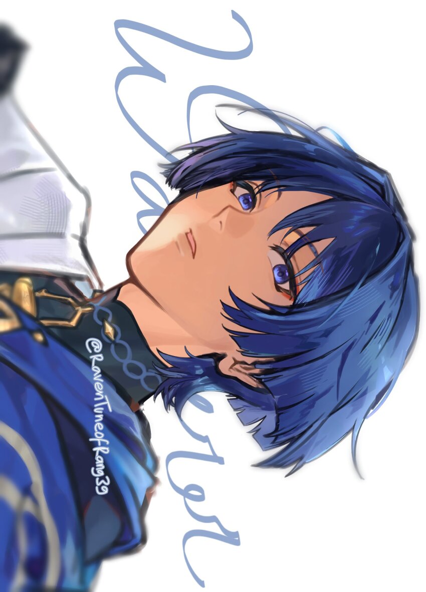 1boy black_bodysuit blue_cape blunt_ends blurry bodysuit cape character_name depth_of_field eyeliner eyeshadow genshin_impact gold_trim hair_intakes highres japanese_clothes kimono looking_at_viewer makeup male_focus mandarin_collar open_mouth portrait purple_eyes purple_hair ravtuneofrang39 red_eyeliner red_eyeshadow scaramouche_(genshin_impact) sideways solo tsurime twitter_username wanderer_(genshin_impact) white_background white_kimono white_sleeves wispy_bangs
