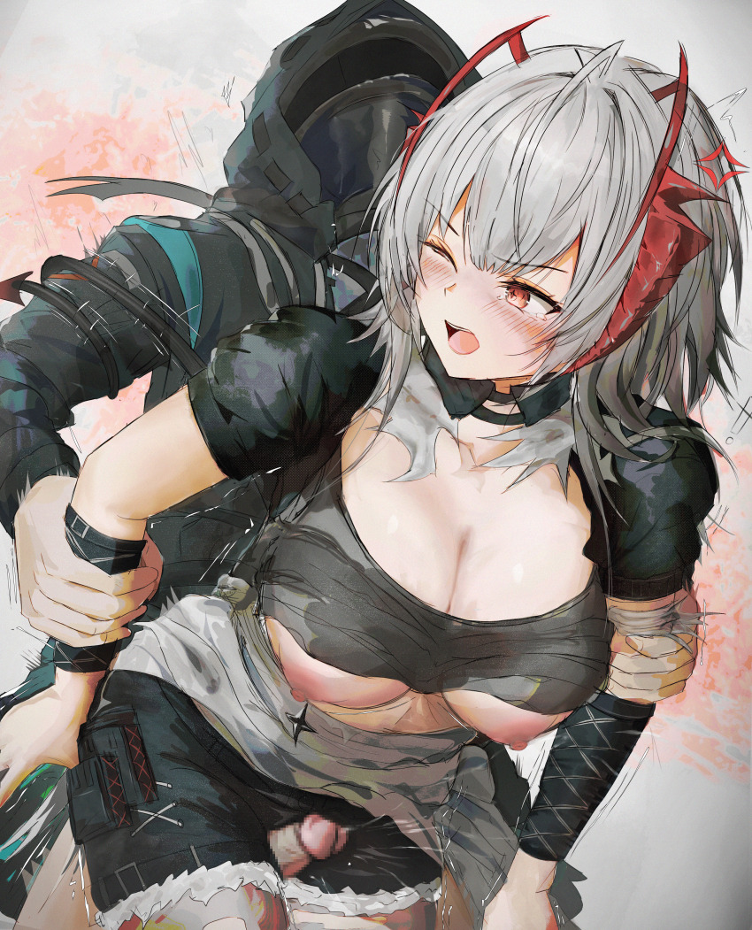 1boy 1girl 70hz absurdres anger_vein antenna_hair arknights black_jacket black_shorts blush breasts censored cleavage commentary cowboy_shot doctor_(arknights) grabbing_another&#039;s_arm grey_hair hetero highres hood hood_up hooded_jacket jacket large_breasts male_doctor_(arknights) mosaic_censoring multicolored_hair nipples one_eye_closed open_mouth orange_eyes penis red_hair short_hair short_shorts shorts standing streaked_hair symbol-only_commentary thigh_sex torn_clothes w_(arknights)