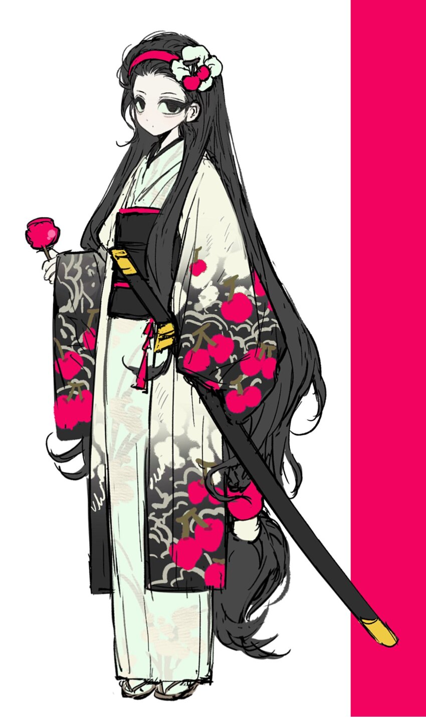 1girl aeng-du_(project_moon) anzekeye bangs_pinned_back black_hair black_sash candy_apple food full_body hairband highres japanese_clothes katana kimono limbus_company long_hair looking_at_viewer low-tied_long_hair obi pink_hairband project_moon sash sheath sidelocks simple_background solo sword very_long_hair weapon white_background white_kimono wide_sleeves