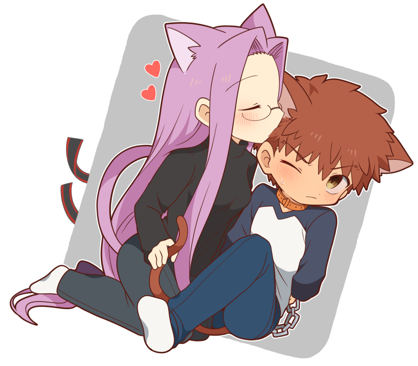 1boy 1girl animal_ears black_pants black_sweater blue_pants cat_ears cat_tail chain collar emiya_shirou closed_eyes fate/stay_night fate_(series) glasses highres long_hair long_sleeves medusa_(fate) medusa_(rider)_(fate) one_eye_closed orange_hair pants purple_hair raglan_sleeves sweater tail tsubuta_hiro very_long_hair yellow_eyes
