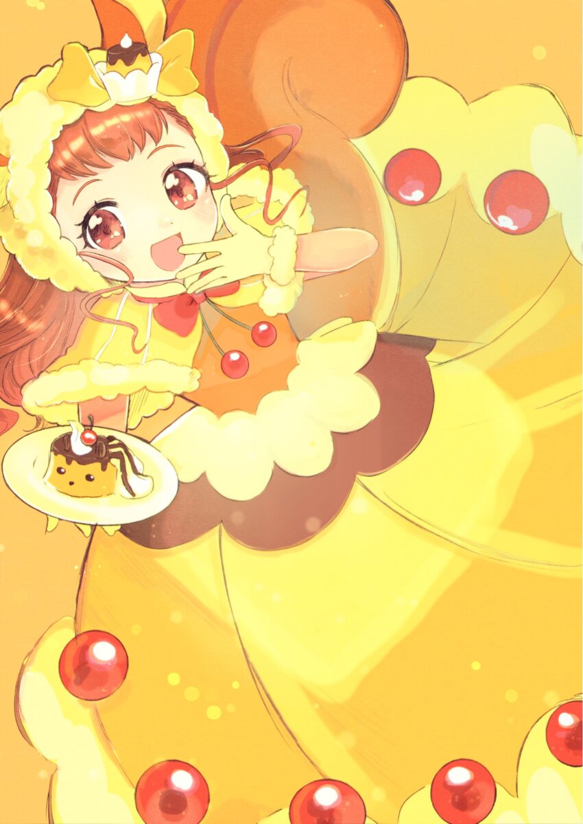 1girl :d arisugawa_himari bow bowtie brown_eyes brown_hair capelet cure_custard cure_custard_(a_la_mode_style) dress food-themed_clothes food-themed_ornament fur_trim giga_pudding gloves hand_to_own_mouth highres holding holding_plate kirakira_precure_a_la_mode long_hair magical_girl open_mouth orange_tail oyomidtarumi plate precure pudding_hair_ornament red_bow red_bowtie smile solo squirrel_tail tail yellow_bow yellow_capelet yellow_dress yellow_gloves