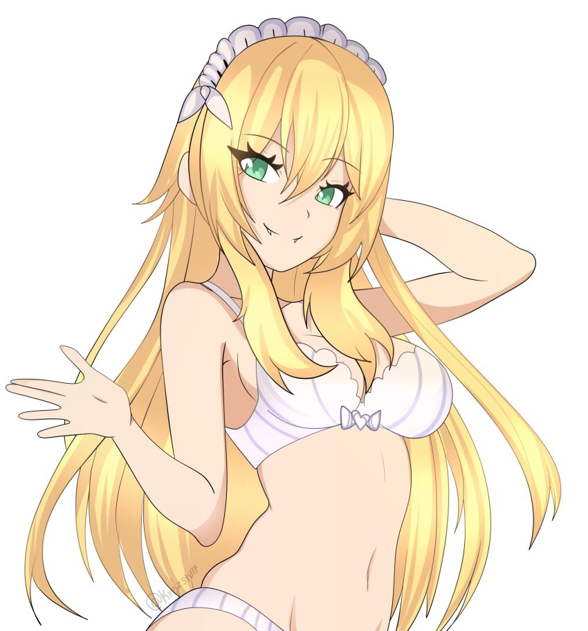 blonde_hair bra frederica_baumann green_eyes hair_ornament highres krejzart lingerie lingerie_bra lingerie_only lingerie_panties long_hair maid maid_headdress panties re:zero_kara_hajimeru_isekai_seikatsu sharp_teeth teeth underwear very_long_hair white_bra white_panties
