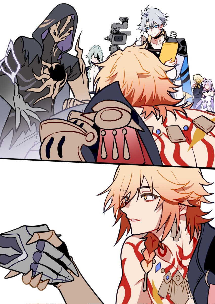 2girls 4boys aglaea_(honkai:_star_rail) anaxa_(honkai:_star_rail) antenna_hair aqua_hair arm_tattoo armor back_tattoo black_choker black_cloak black_coat black_shirt blonde_hair blue_cape blue_eyes braid camera cape castorice_(honkai:_star_rail) chest_tattoo chinese_commentary choker cloak coat commentary_request dress earrings eyepatch facial_tattoo flame_reaver_of_the_deepest_dark gold_earrings gold_necklace gradient_hair hair_between_eyes highres honkai:_star_rail honkai_(series) hood hood_up hooded_cloak jewelry looking_at_another male_focus mask medium_hair multicolored_hair multiple_boys multiple_girls mydei_(honkai:_star_rail) necklace open_clothes open_coat pauldrons phainon_(honkai:_star_rail) purple_hair red_hair red_tattoo shirt short_hair shoulder_armor side_braid simple_background single_pauldron tattoo white_background white_coat white_dress white_hair yellow_eyes yuelinpanp98413