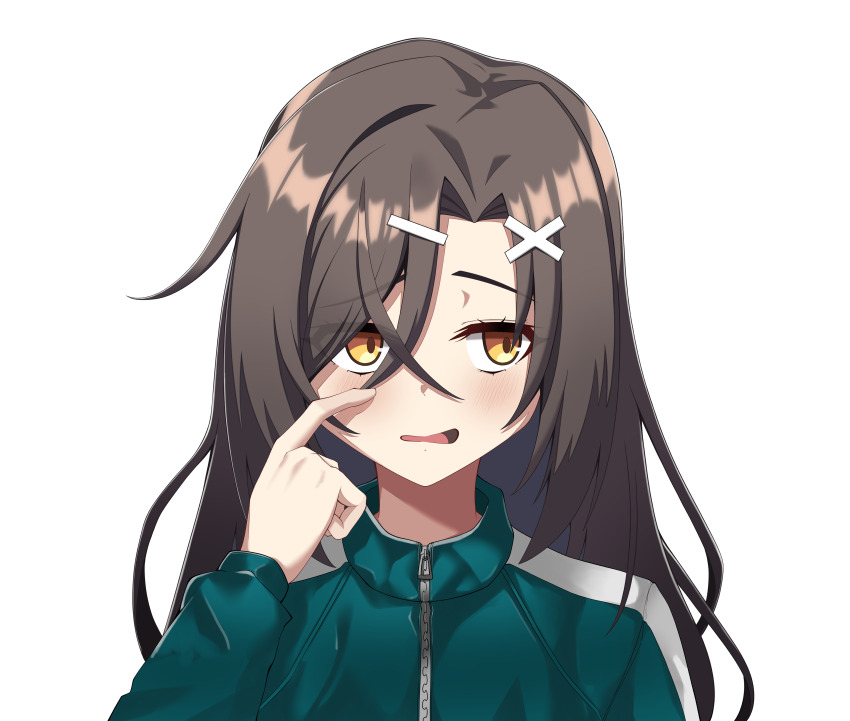 1girl absurdres alpha_transparency brown_eyes brown_hair christina_brecht commentary counter:side finger_to_cheek furrowed_brow green_track_suit hair_ornament hairclip highres long_hair looking_to_the_side parted_bangs portrait simple_background solo straight-on track_suit transparent_background upper_body wavy_mouth wbs x_hair_ornament